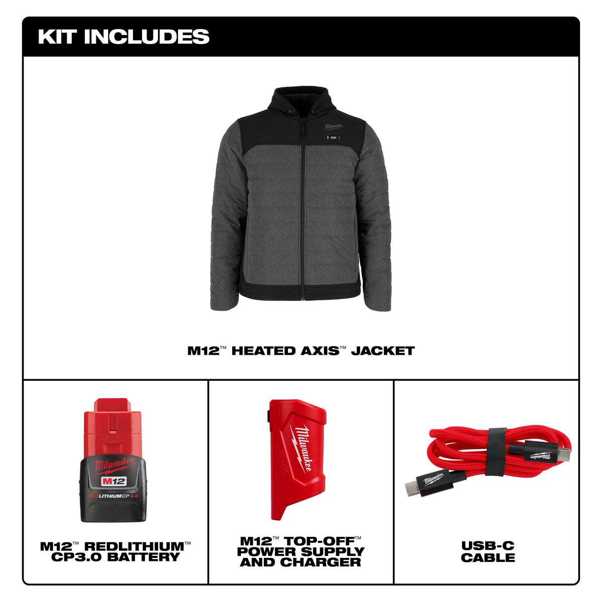 Milwaukee M102G-21XL M12™ Heated AXIS™ Quilted Jacket (Gray, Size XL) - Edmondson Supply
