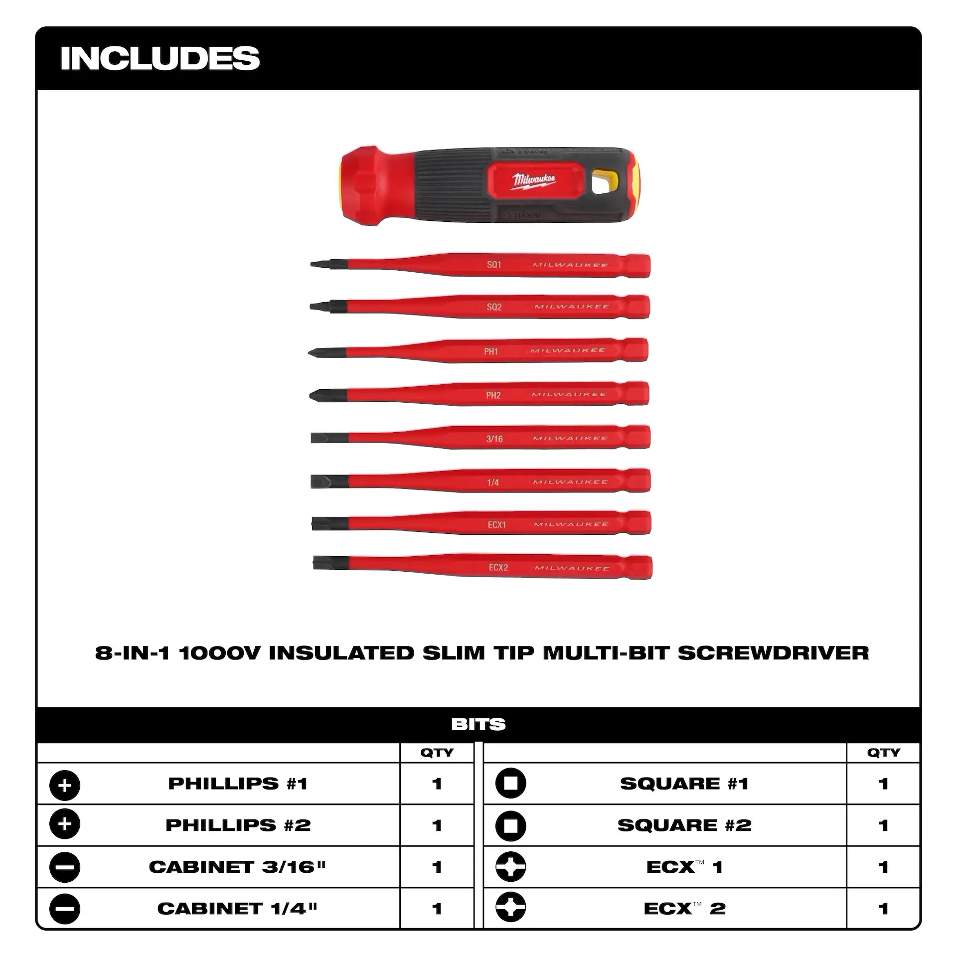 Milwaukee 48-22-2218 8-in-1 1000V Insulated Slim Tip Multi-Bit Screwdriver - Edmondson Supply