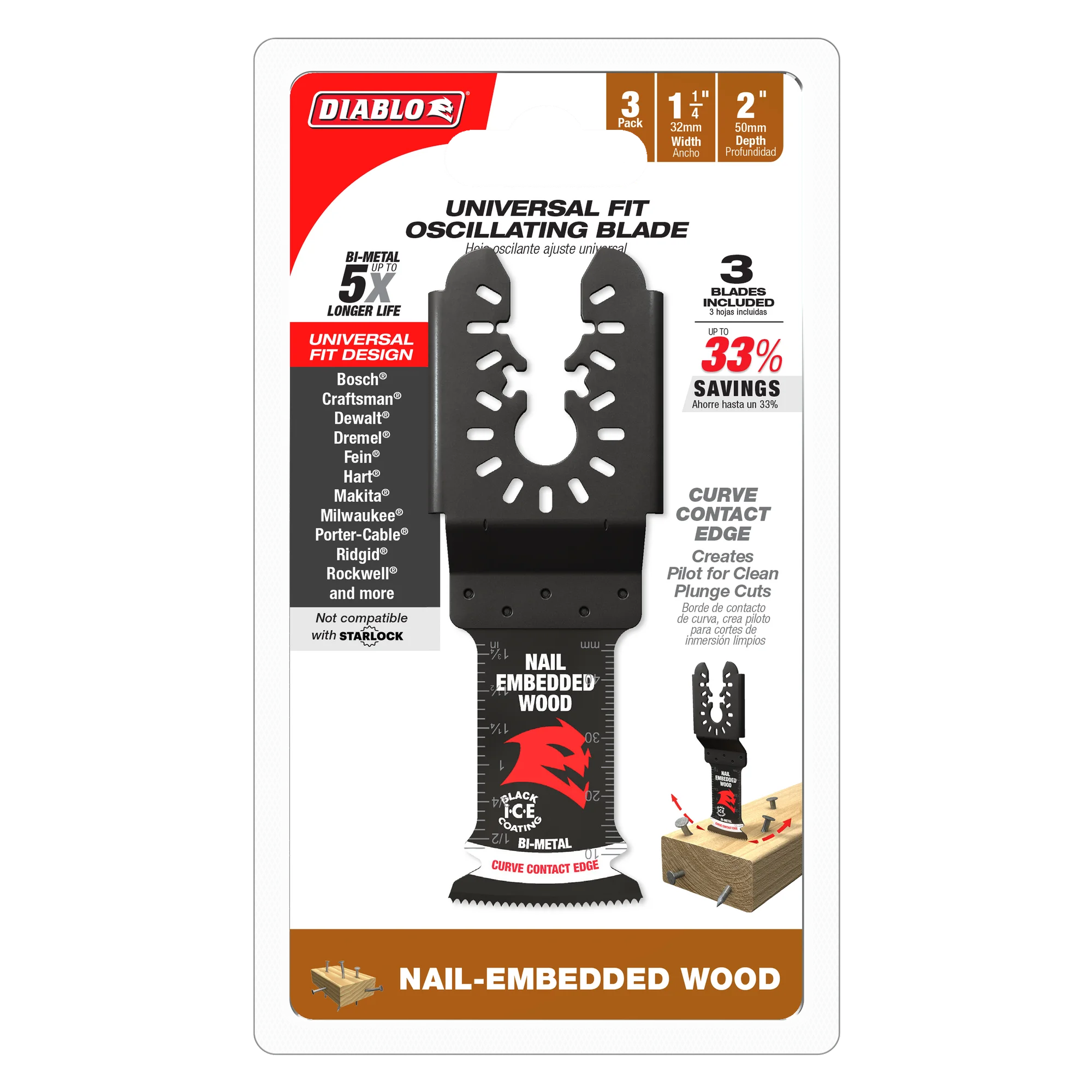 Diablo Tools DOU125BW3 1-1/4 in. Universal Fit Bi-Metal Oscillating Blade for Nail-Embedded Wood (3 pack) - Edmondson Supply