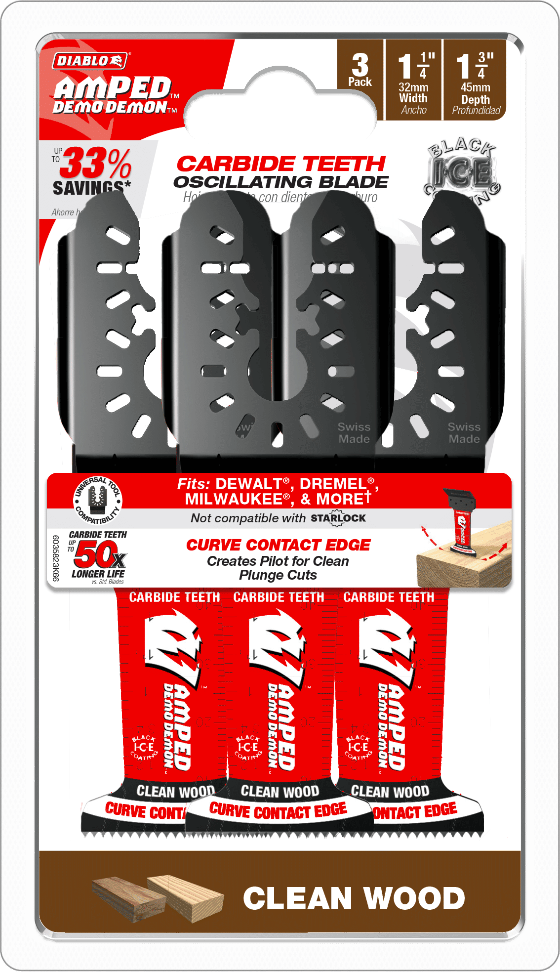 Diablo Tools DOU125JCW3 1-1/4”(w) x 1-3/4”(d) AMPED™ Demo Demon™ Universal Fit Carbide Teeth Oscillating Blade for Clean Wood (3-pk) - Edmondson Supply