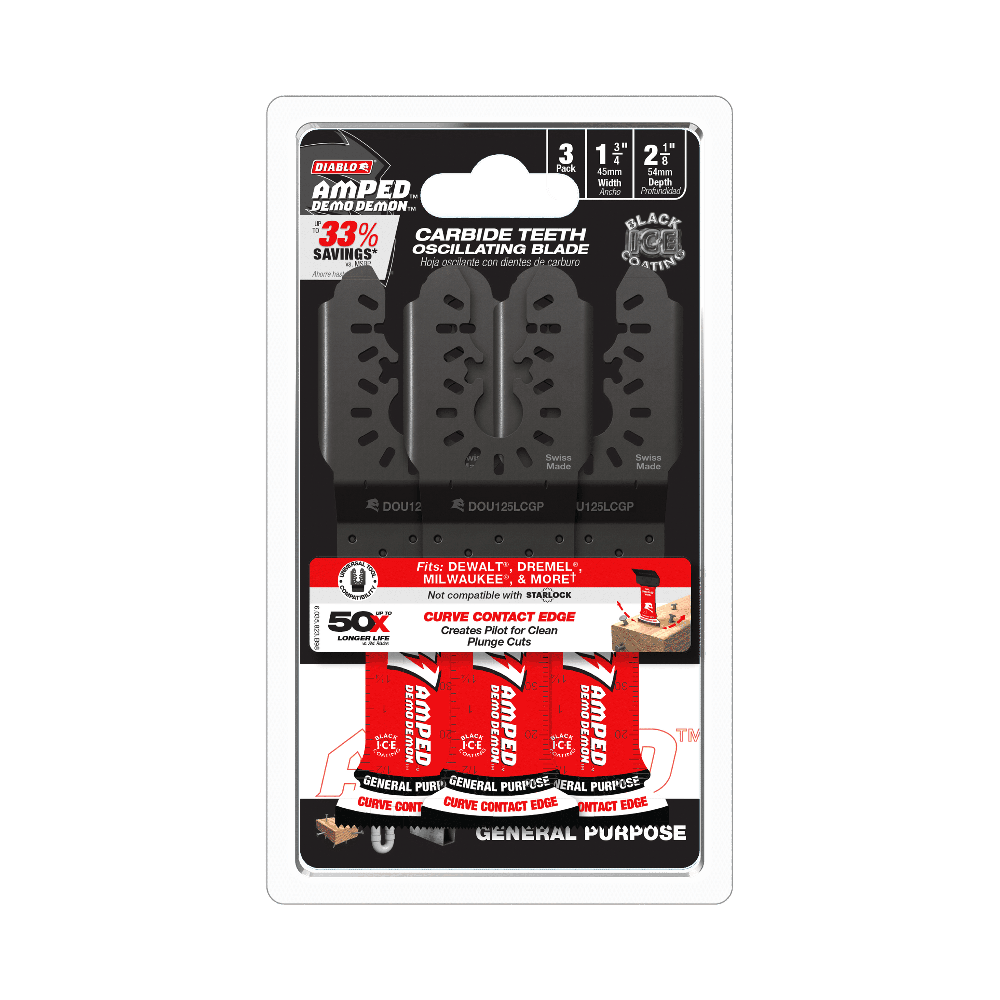 Diablo Tools DOU125LCGP3 1-1/4"(w) x 2-1/8"(d) AMPED™ Demo Demon™ Universal Fit Carbide Teeth Oscillating Blade for General Purpose Cuts (3-pk) - Edmondson Supply