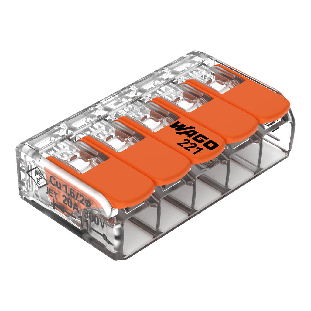 Wago 221-415 Compact Splicing Connector, 5-Conductor, with Operating Levers, 12 AWG, Transparent Housing - Edmondson Supply