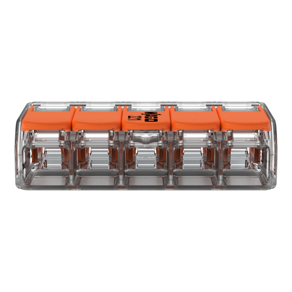 Wago 221-415 Compact Splicing Connector, 5-Conductor, with Operating Levers, 12 AWG, Transparent Housing - Edmondson Supply