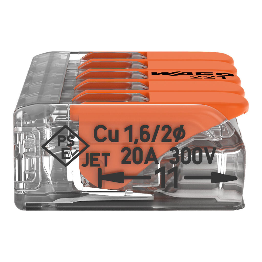 Wago 221-415 Compact Splicing Connector, 5-Conductor, with Operating Levers, 12 AWG, Transparent Housing - Edmondson Supply