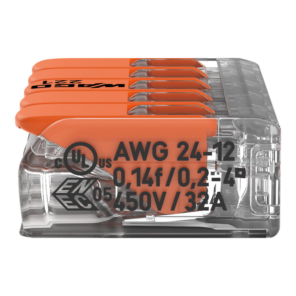 Wago 221-415 Compact Splicing Connector, 5-Conductor, with Operating Levers, 12 AWG, Transparent Housing - Edmondson Supply