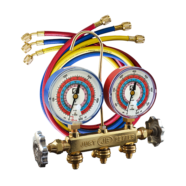 JB Industries 22633 Patriot 2-Valve Brass Manifold w/ 60" Kobra CCLE Hoses, A2L Compatible - Edmondson Supply