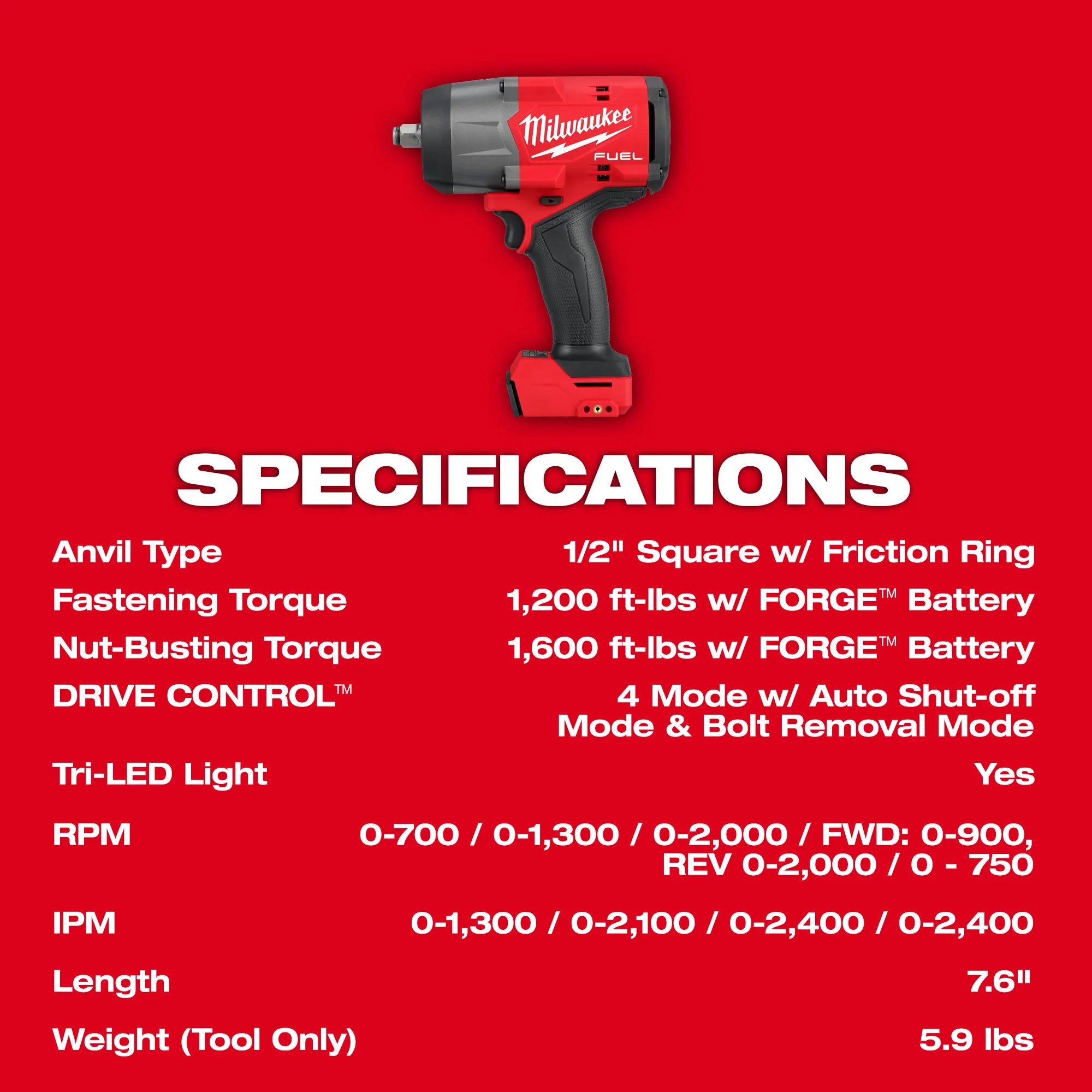 Milwaukee 2967-20 M18 FUEL™ 1/2" High Torque Impact Wrench w/ Friction Ring (TOOL ONLY) - Edmondson Supply