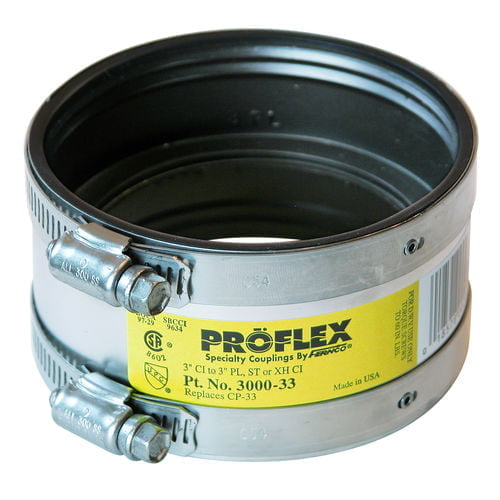 Fernco Proflex 3000-33 3" Cast Iron to 3" Plastic, Steel or Extra-Heavy Cast Iron Shielded Coupling - Edmondson Supply