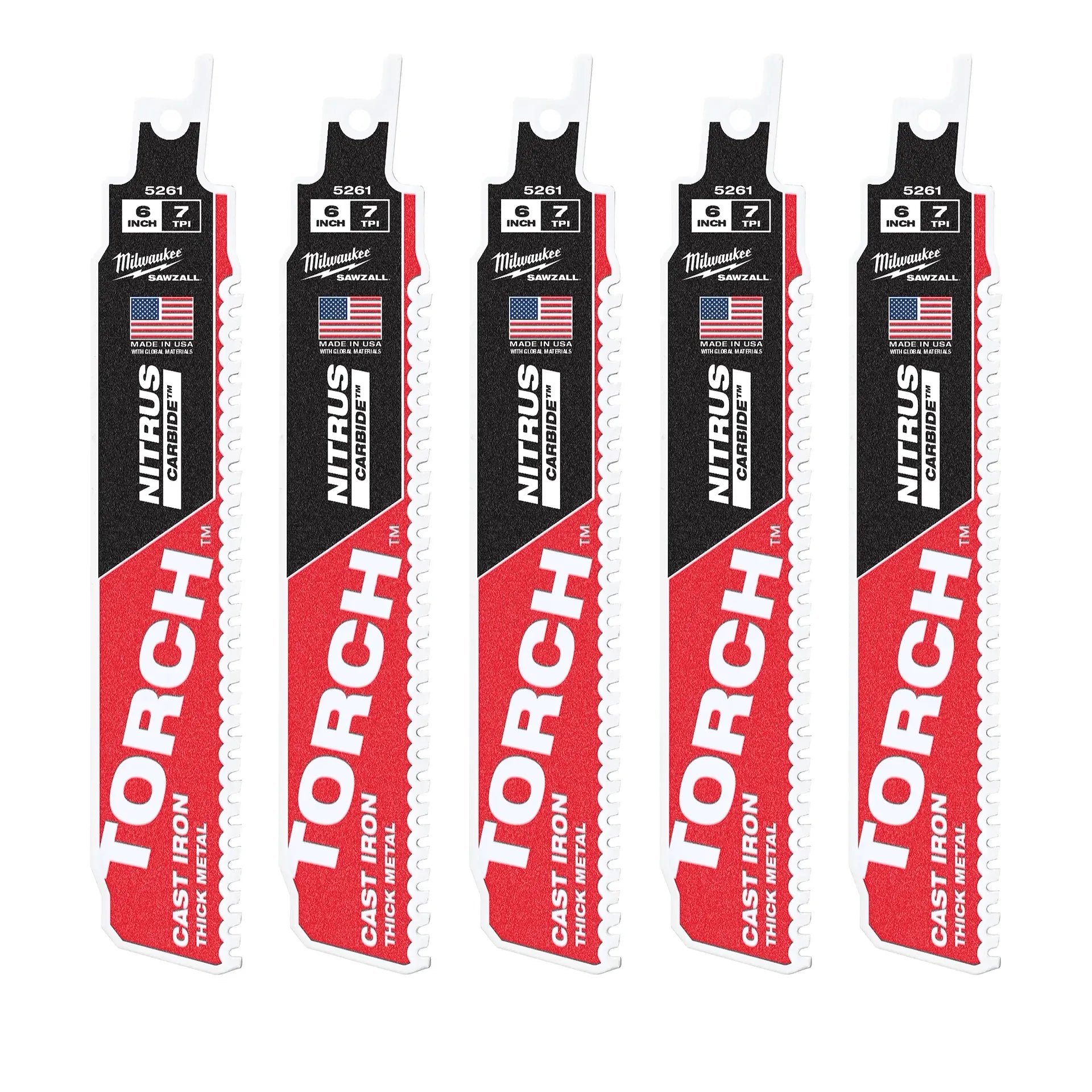 Milwaukee 48-00-5561 6" 8TPI TORCH™ with NITRUS™ Carbide for Cast Iron SAWZALL® Blade 5PK - Edmondson Supply