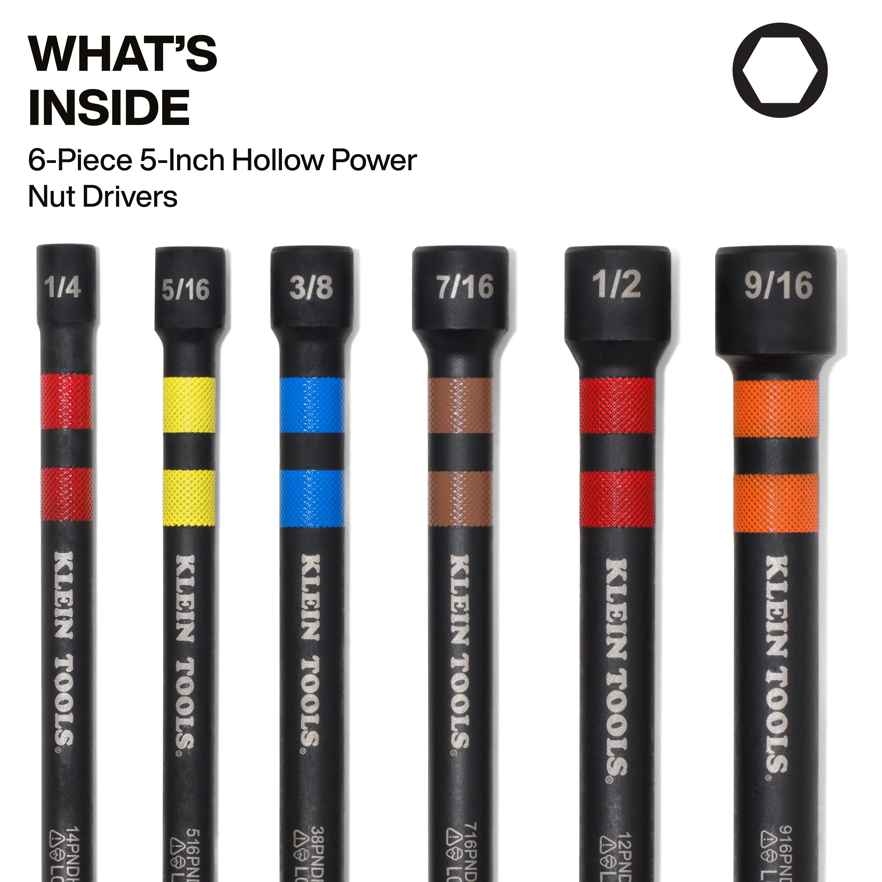 Klein Tools 32940 Magnetic Hollow Color-Coded Power Nut Drivers Set, 6-Piece - Edmondson Supply