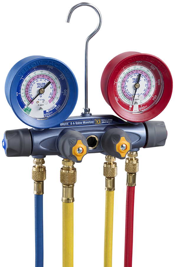 Yellow Jacket 46015 BRUTE II® A2L Manifold 3-1/8″ (80mm) Gauges, PLUS II™ 1/4″ Hoses 60″ 3-Pak RYB, Compact Ball Valve, PLUS II™ 3/8″ Vacuum/Charging Hose 60″ Y, R-32/454B/410A PSI °F - A2L Compatible - Edmondson Supply