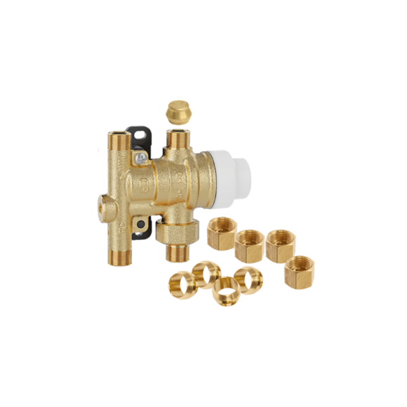 Caleffi 521201AP  SinkMixer™ 4-Way Anti-Scald Point-of-Use Thermostatic Mixing Valve, 3/8" Compression, with fittings - Edmondson Supply