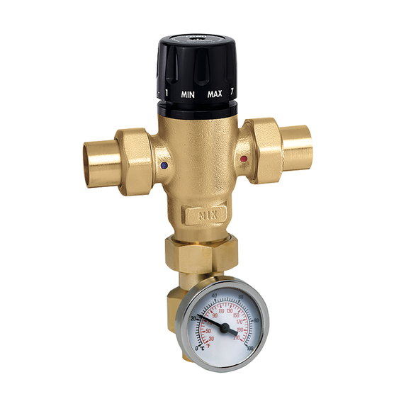 Caleffi 521619A MixCal™ 3-Way Thermostatic Mixing Valve w/ Temperature Gauge, 1" Sweat - Edmondson Supply