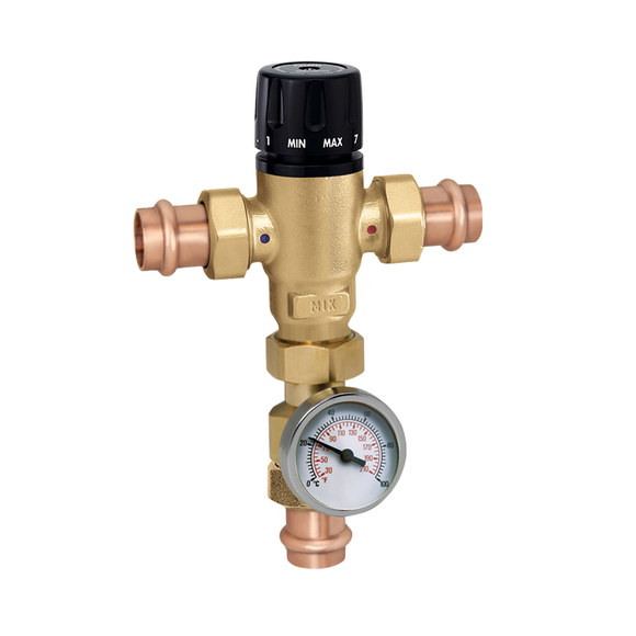 Caleffi 521616A MixCal™ 3-Way Thermostatic Mixing Valve w/ Temperature Gauge, 1" Press - Edmondson Supply