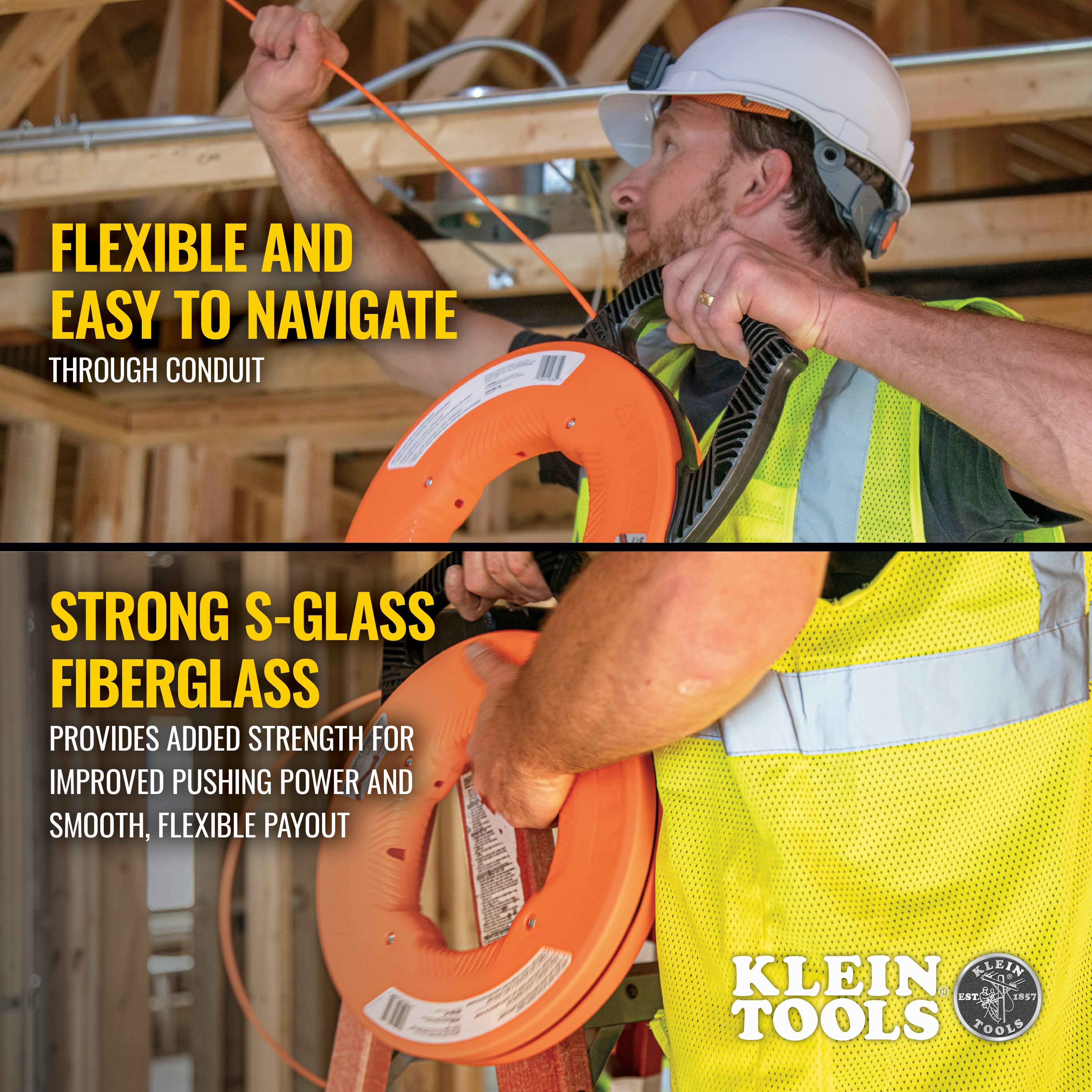 Klein Tools 56380 Multi-Groove Fiberglass Fish Tape with Spiral Steel Leader, 100-Foot - Edmondson Supply