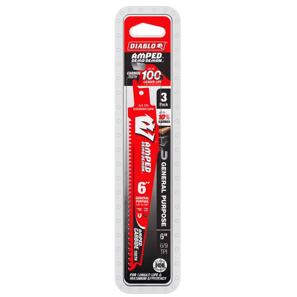 Diablo Tools DS0609CGPA3 6" 6/9TPI AMPED™ Demo Demon™ Carbide Teeth Reciprocating Saw Blades for General Purpose Cuts - Edmondson Supply