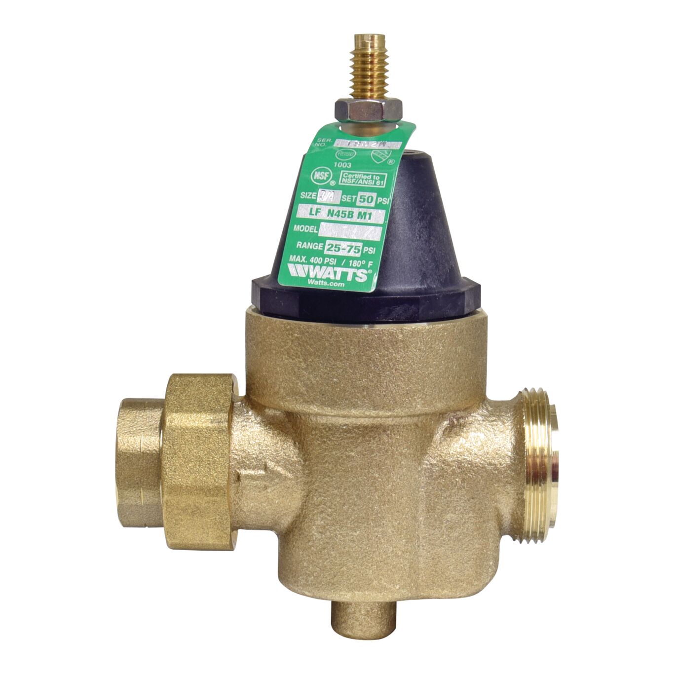 Watts 0009478 LFN45BM1-U 3/4" Water Pressure Reducing Valve, NPT Union x FPT, 25-75 psi, Lead Free - Edmondson Supply