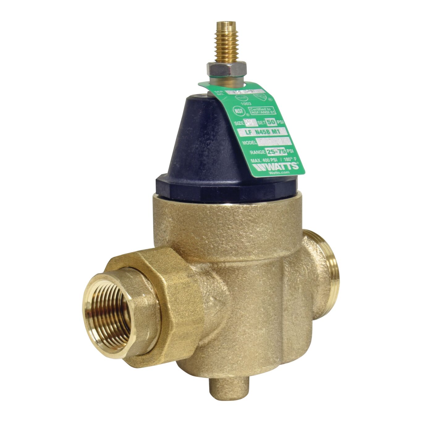 Watts 0009478 LFN45BM1-U 3/4" Water Pressure Reducing Valve, NPT Union x FPT, 25-75 psi, Lead Free - Edmondson Supply