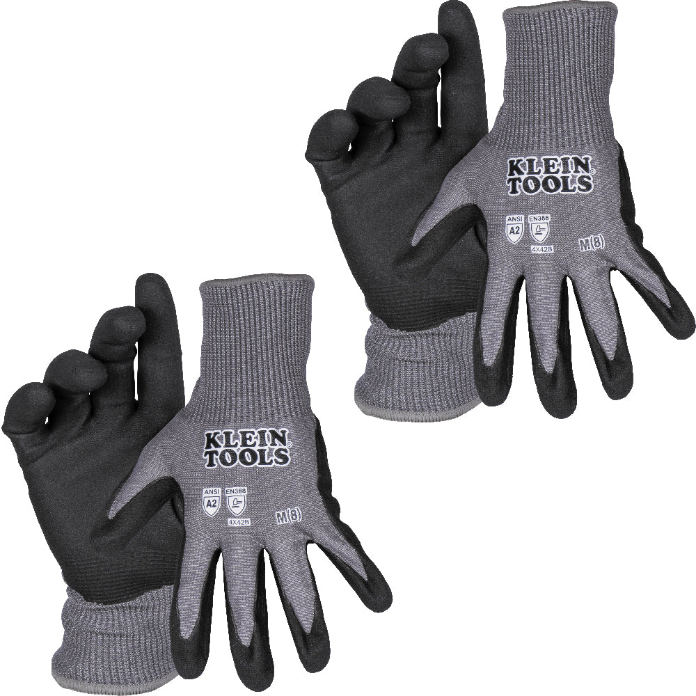Klein Tools 60584 Knit Dipped Gloves, Cut Level A2, Touchscreen, Medium, 2-Pair - Edmondson Supply