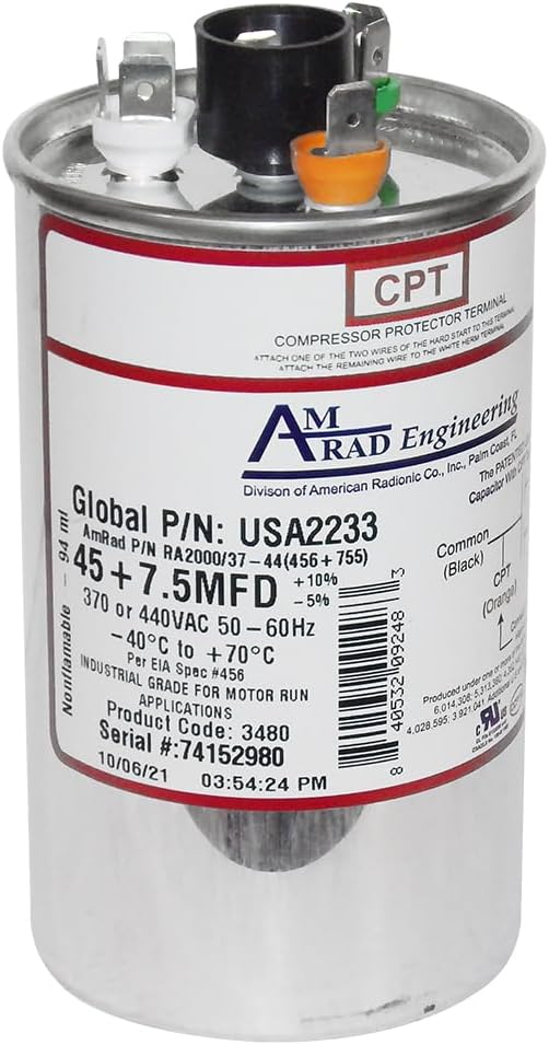 MARS USA2233 AmRad 45/7.5 MFD 370/440V Round Motor Dual Run Capacitor - Edmondson Supply