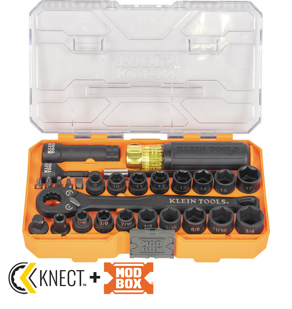 Klein Tools 65400KNECT KNECT™ Essential Pass Through Impact Socket Set, SAE, Metric, 28-Piece - Edmondson Supply