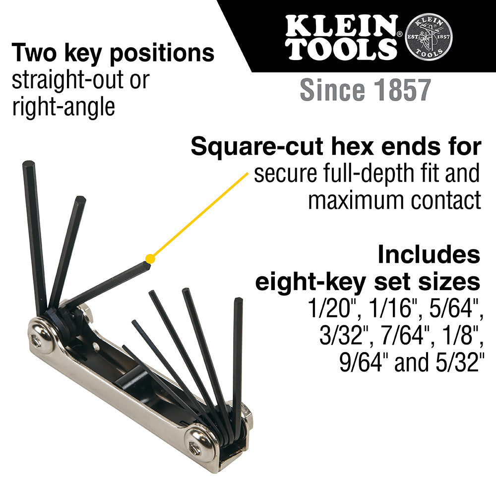 Klein Tools 70581 8-Key Folding Hex Key Set, 1/20 to 5/32-Inch SAE - Edmondson Supply