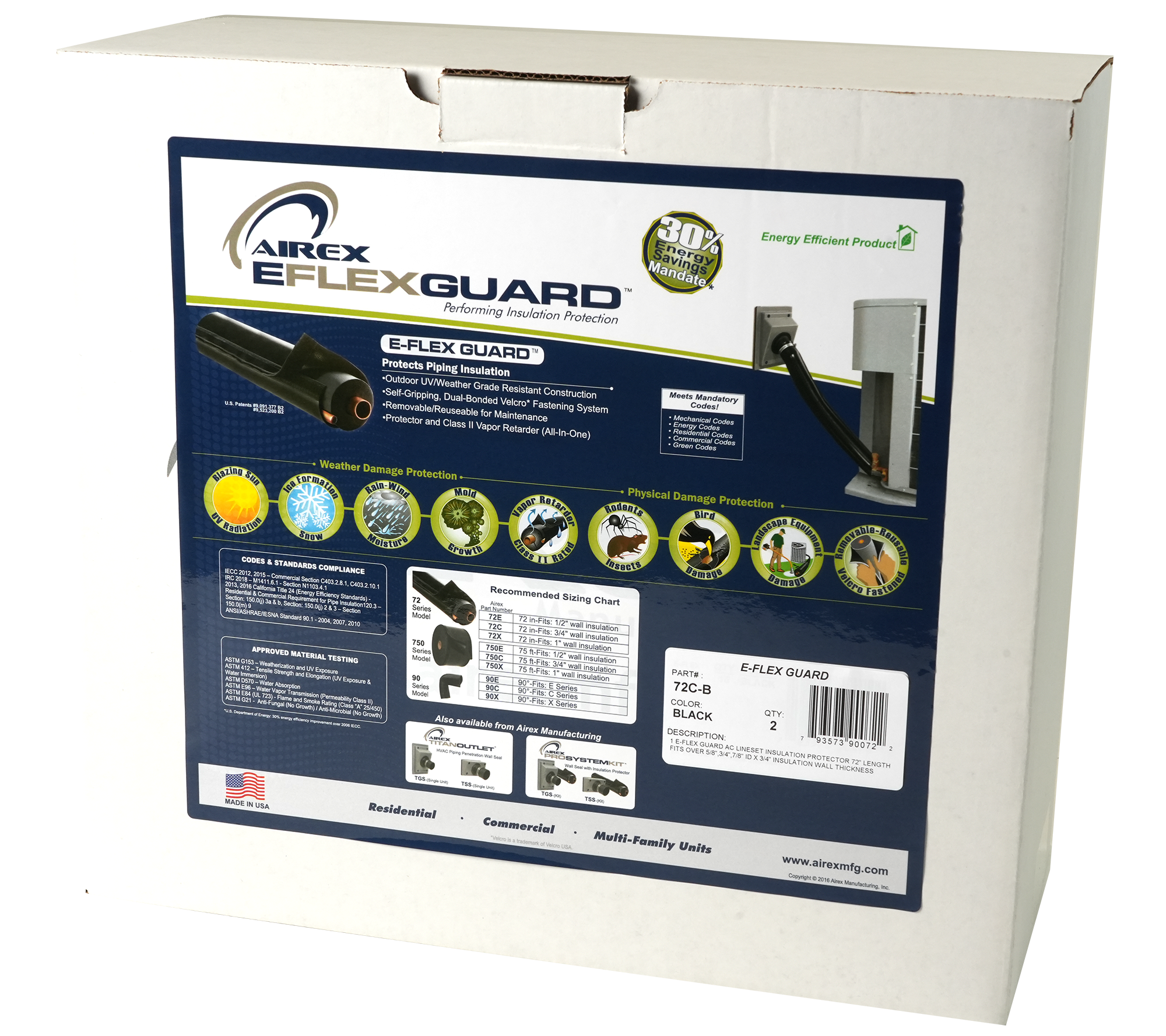 Airex 72C-B E-FLEX GUARD Protective Cover for 5/8" - 7/8" Line Sets with 3/4" Wall Insulation, 6ft, Black - Edmondson Supply