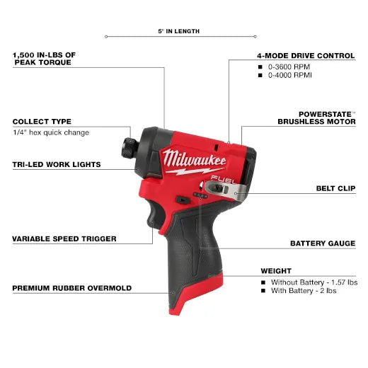 Milwaukee 3453-20 M12 FUEL™ 1/4" Hex Impact Driver (Bare Tool) - Edmondson Supply