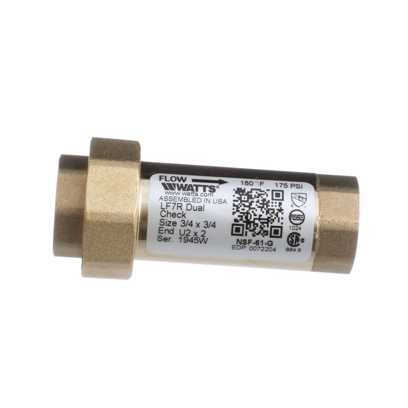 Watts 0072204 LF7RU2-2 3/4" Dual Check Valve, FNPT Union x FNPT, Lead Free - Edmondson Supply