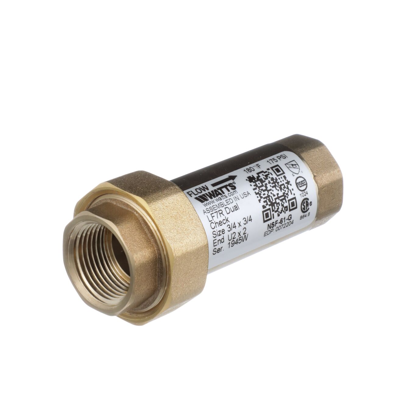 Watts 0072204 LF7RU2-2 3/4" Dual Check Valve, FNPT Union x FNPT, Lead Free - Edmondson Supply