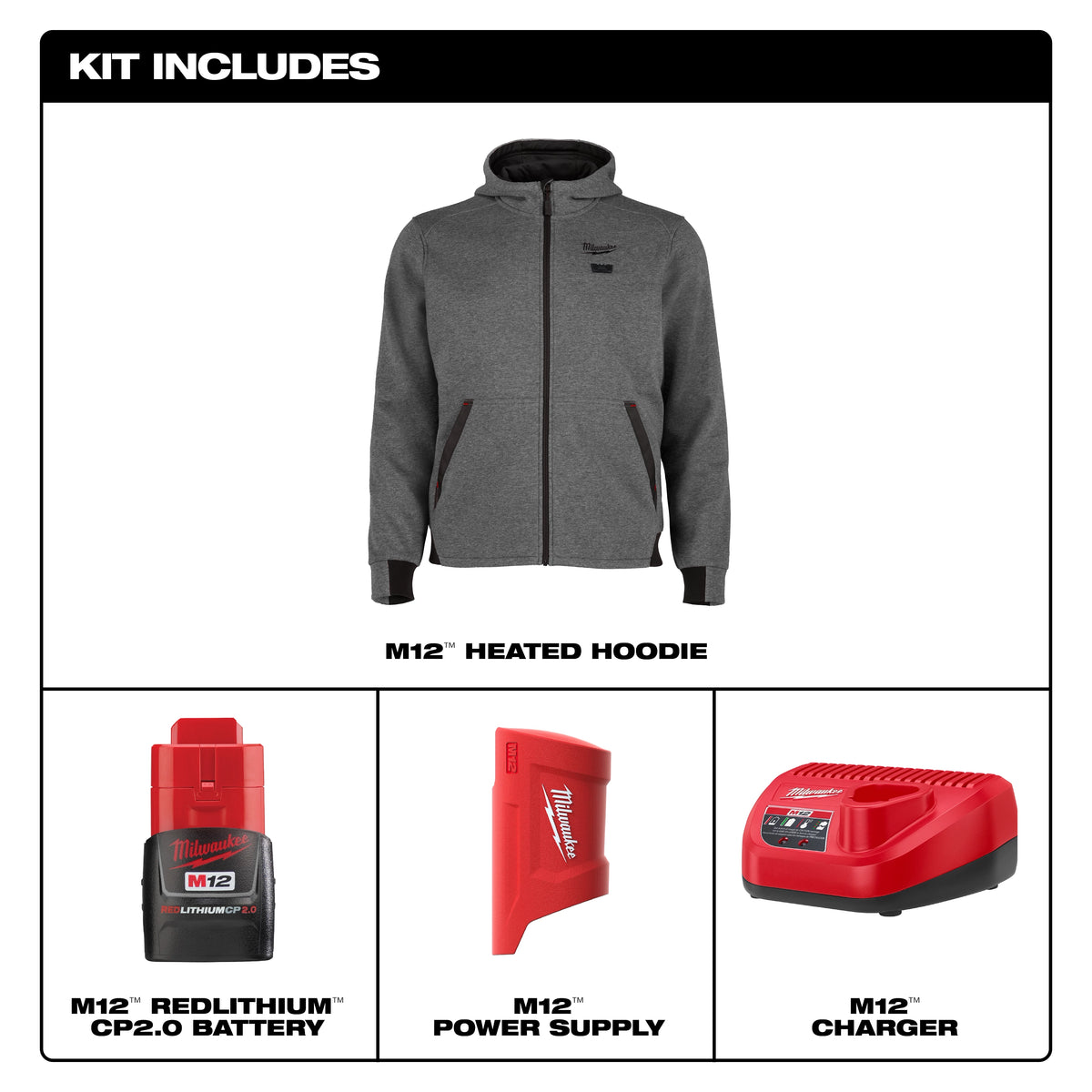 Milwaukee M200G-21XL M12™ Heated Full-Zip Hoodie (Gray, Size XL) - Edmondson Supply