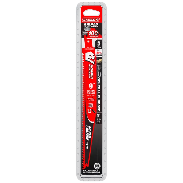 Diablo Tools DS0909CGPA3 9" 6/9TPI AMPED™ Demo Demon™ Carbide Teeth Reciprocating Saw Blades for General Purpose Cuts - Edmondson Supply
