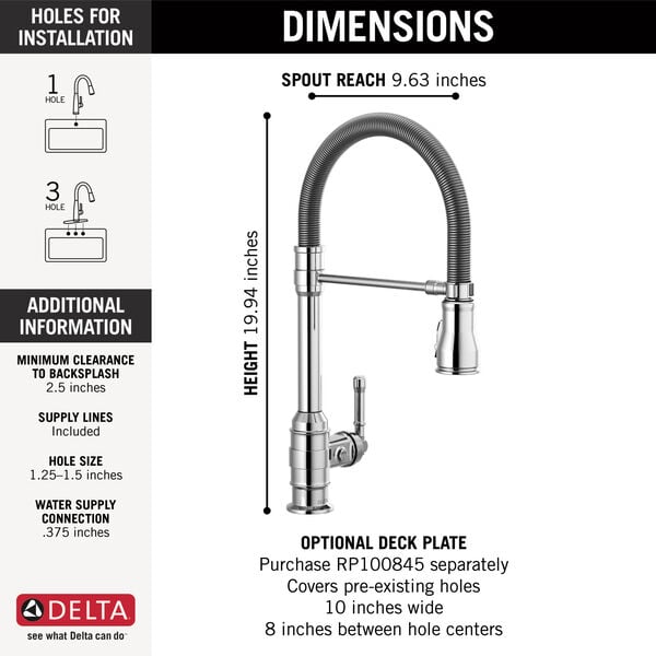 Delta BRODERICK™ 9690-DST PRO Single Handle Pull-Down Kitchen Faucet With Spring Spout In Chrome