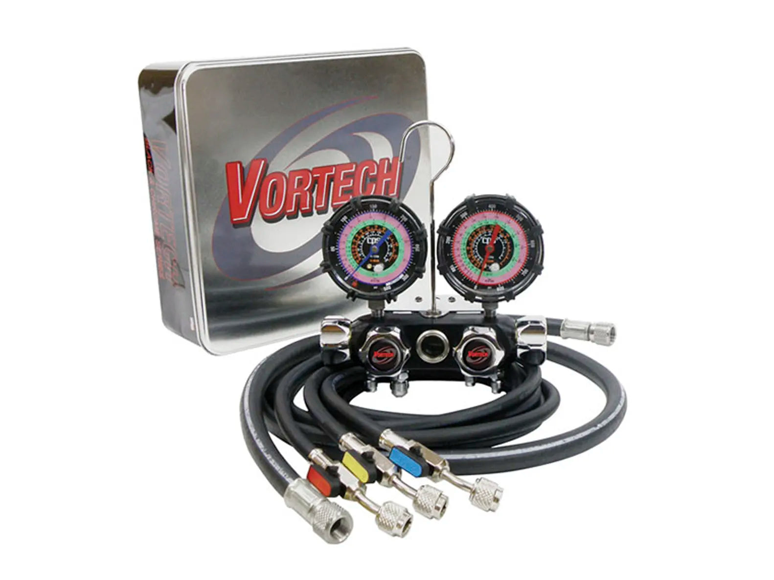 CPS Products MV4H4P5EZ BlackMAX® Black & Chrome™ Vortech Valve™ Series 4 Valve Manifold and Gauge Set - Edmondson Supply