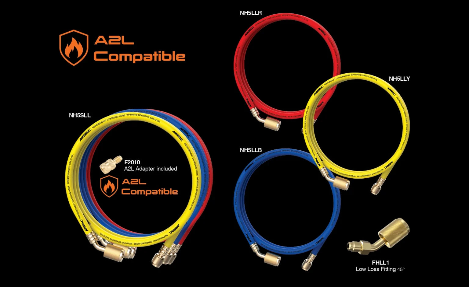 NAVAC NH5SLL 1/4" Low Lose Refrigerant 3 Hose Set, 5 ft, Red, Yellow, Blue - Edmondson Supply
