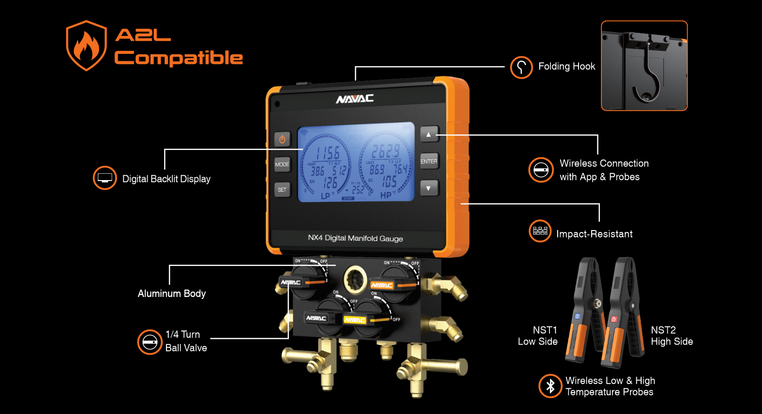 NAVAC NX4 NEXUS™ Digital Manifold Gauge, 4-Valve, Bluetooth, A2L, MyNAVAC™ App - Edmondson Supply