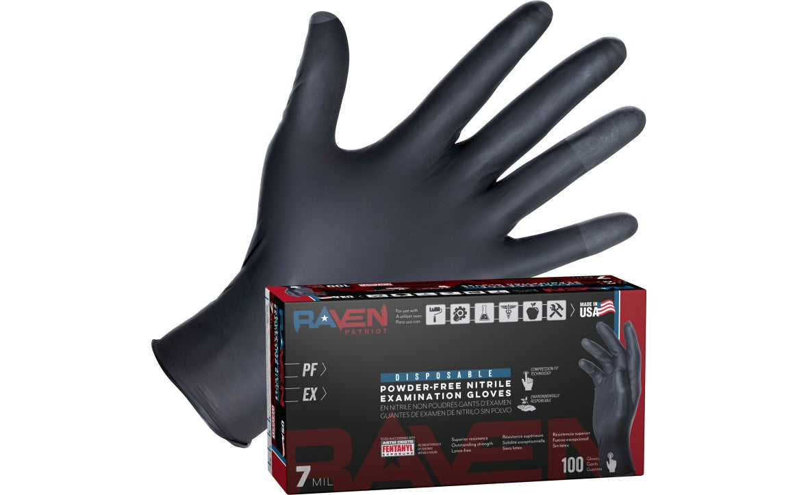 SAS Safety Corp 66482 Raven® Patriot Powder-Free Exam Grade Nitrile Disposable Gloves - 7 Mil - 100PK - Size M - Edmondson Supply