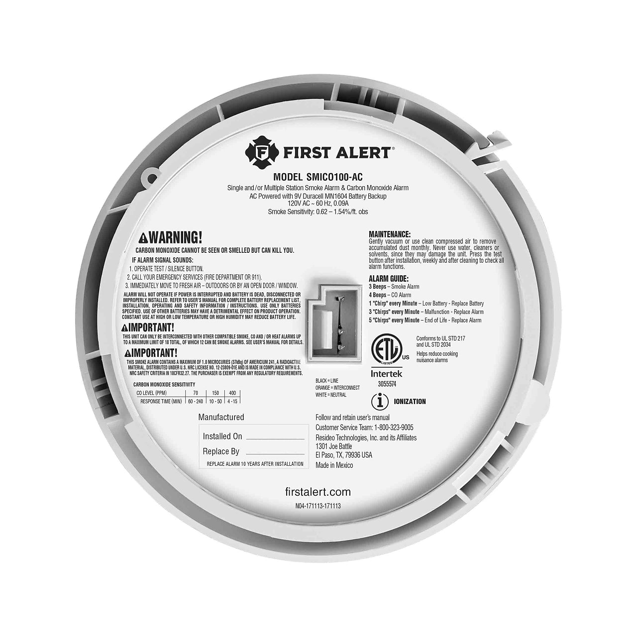 BRK First Alert SMICO100-AC Interconnectable Ion Smoke & CO Alarm w/Battery Backup - Edmondson Supply
