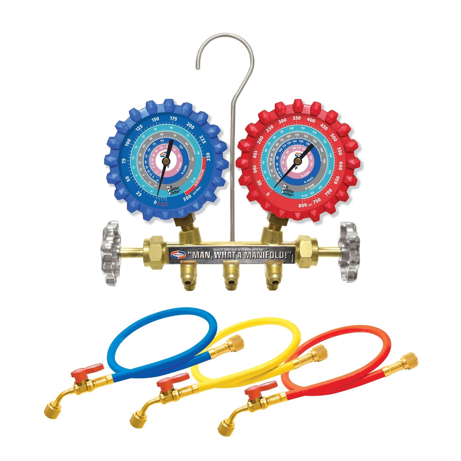 Uniweld A2LM5BV A2L 2-V Brass Manifold with 3-1/8” NPF® Gauges (R-32/R-454B/R-448A/R-410A) and 5ft. Ball Valve Hoses - Edmondson Supply
