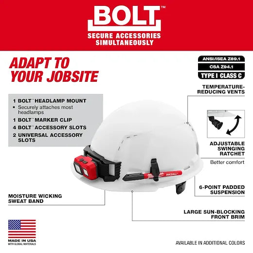 Milwaukee 48-73-1220 BOLT™ Front Brim Hard Hat w/6pt Ratcheting Suspension (White- Vented Class C) - Edmondson Supply