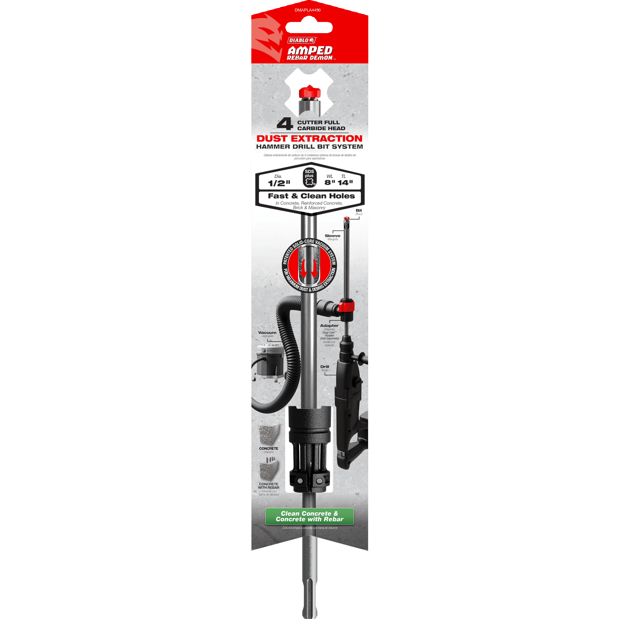 Diablo DMAPLA4450 1/2" x 8" x 14" AMPED™ Rebar Demon™ SDS-Plus 4-Cutter Full Carbide Head Dust Extraction Hammer Drill Bit - Edmondson Supply