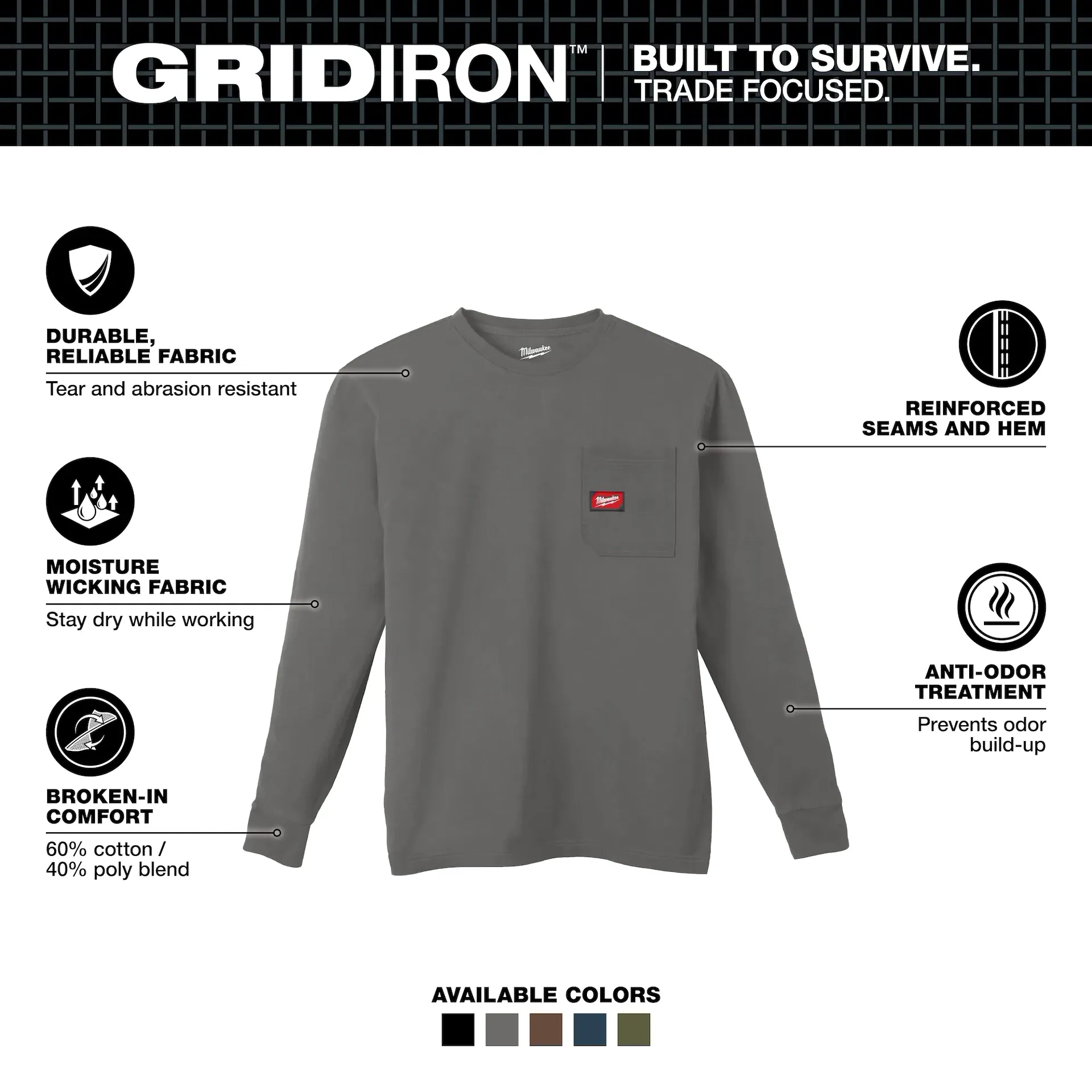 Milwaukee 606G-2X GRIDIRON™ Pocket T-Shirt - Long Sleeve (Gray, Size 2X) - Edmondson Supply