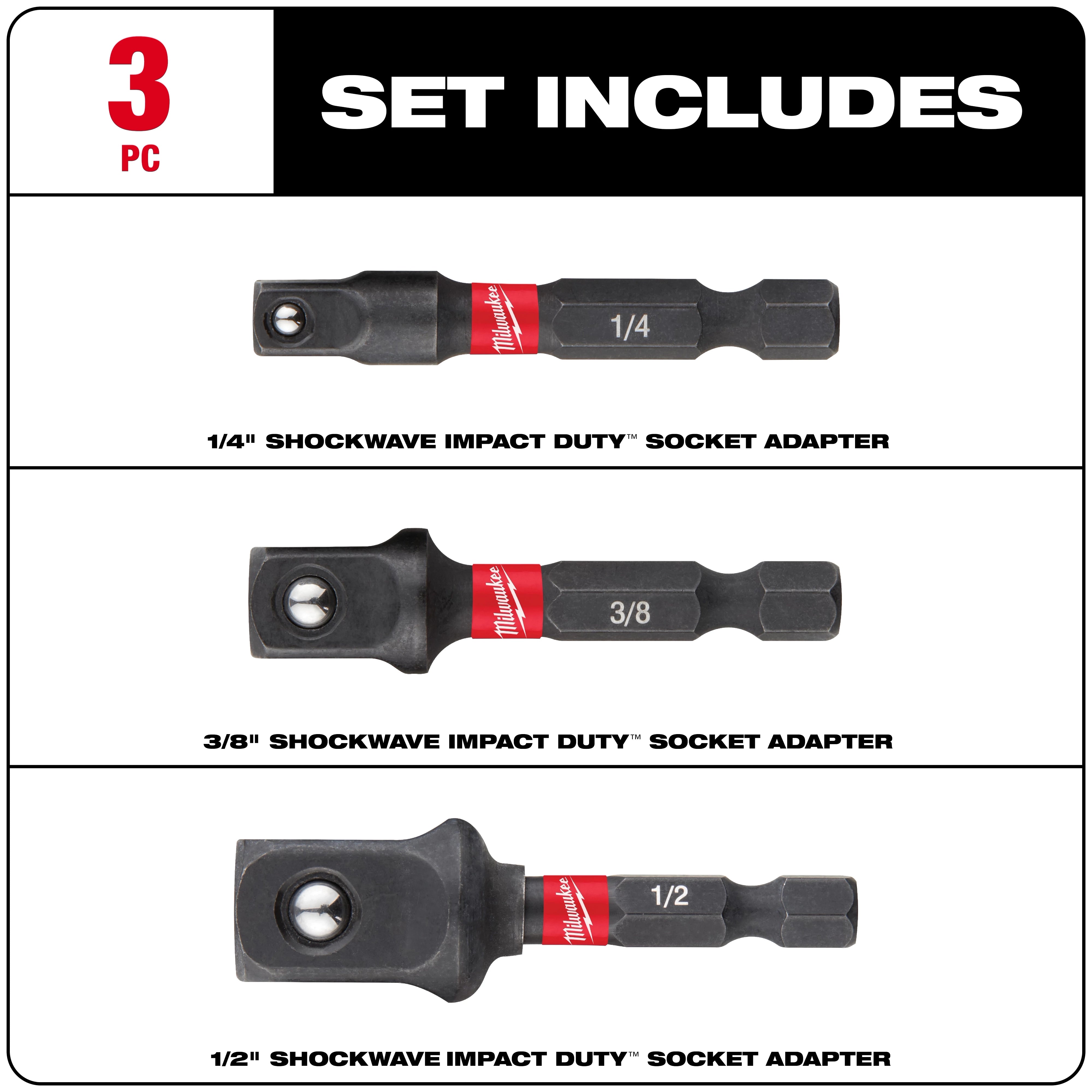 Milwaukee 48-32-5033 SHOCKWAVE™ Impact Duty Hex Shank Socket Adapter Set (3 pc) - Edmondson Supply