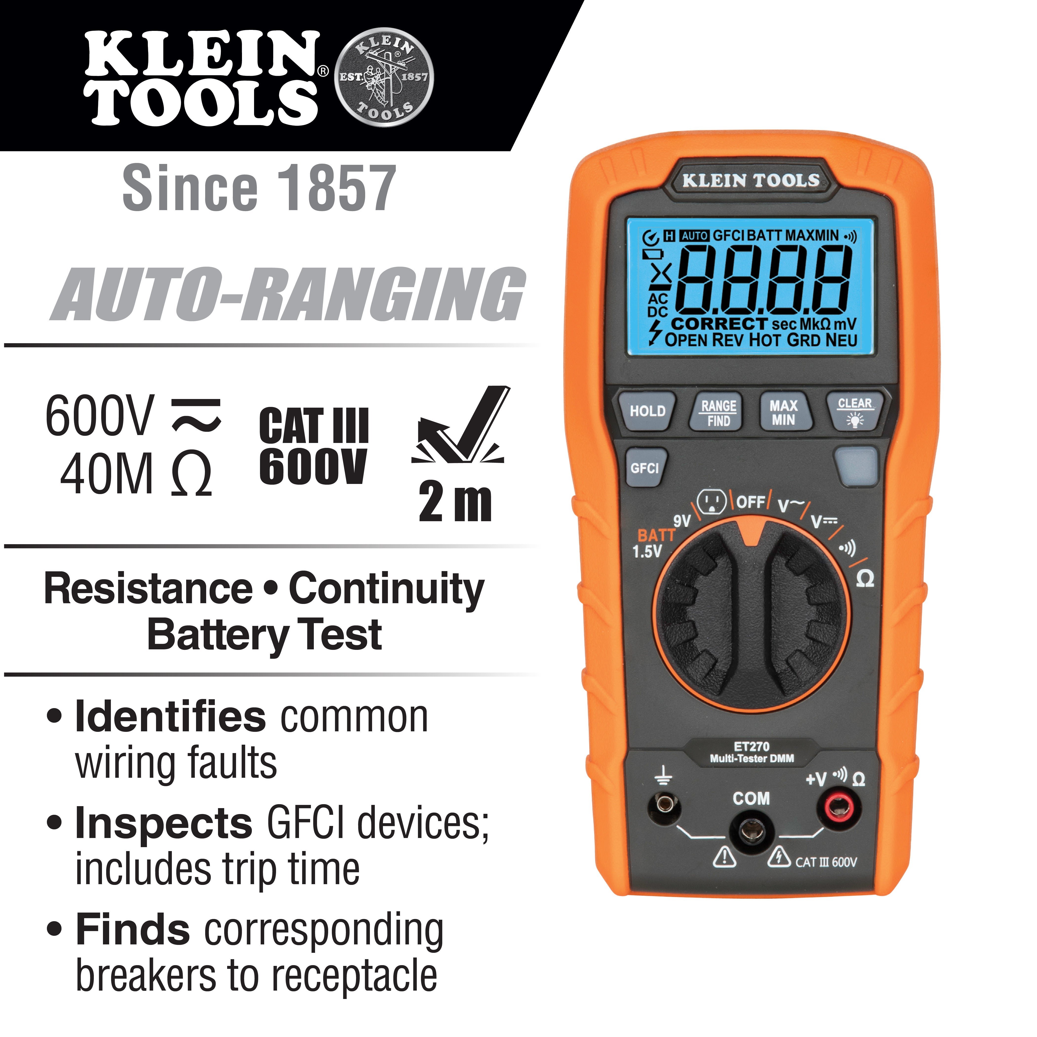 Klein Tools ET270 Digital Multi-Tester, Multimeter with Receptacle Tester - Edmondson Supply