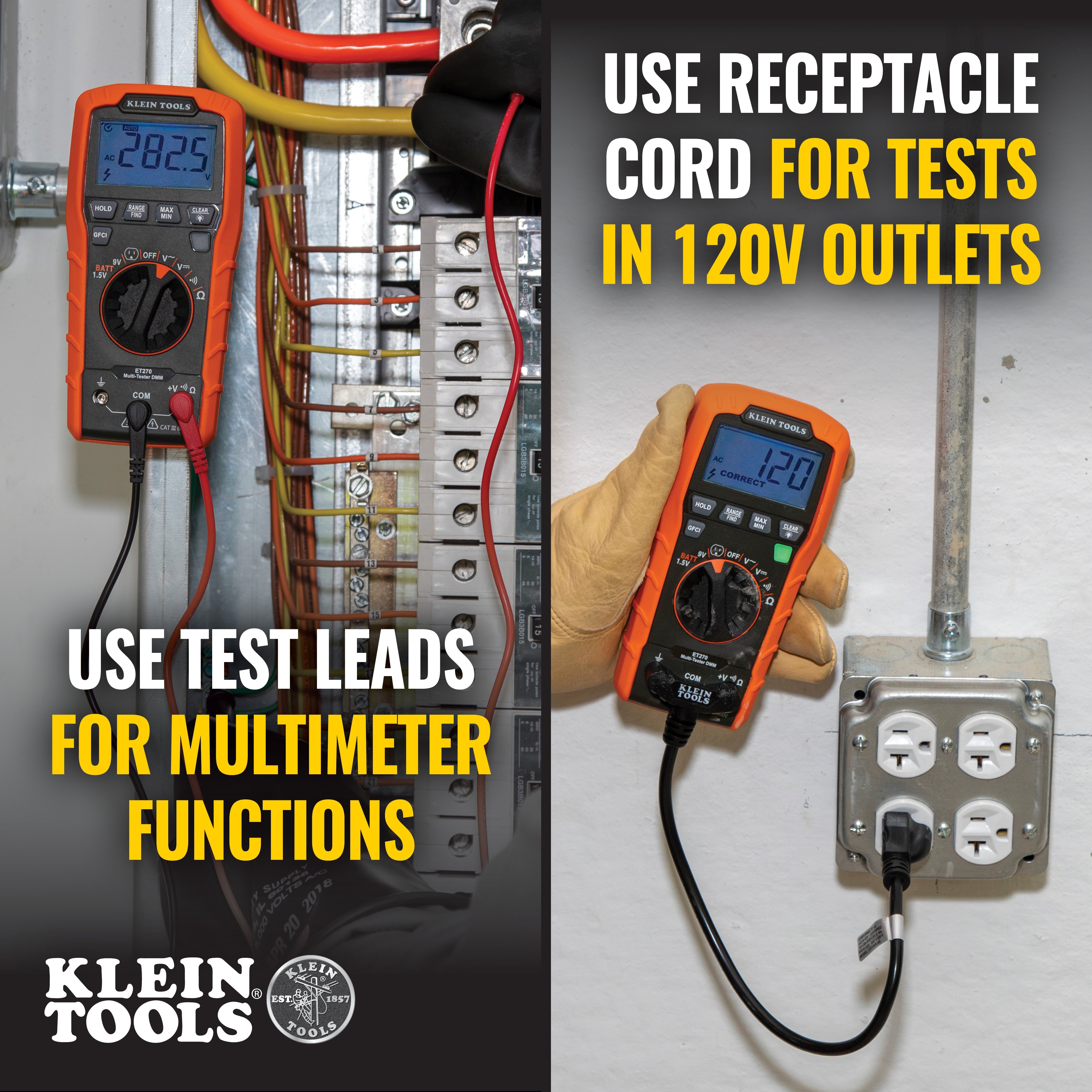 Klein Tools ET270 Digital Multi-Tester, Multimeter with Receptacle Tester - Edmondson Supply