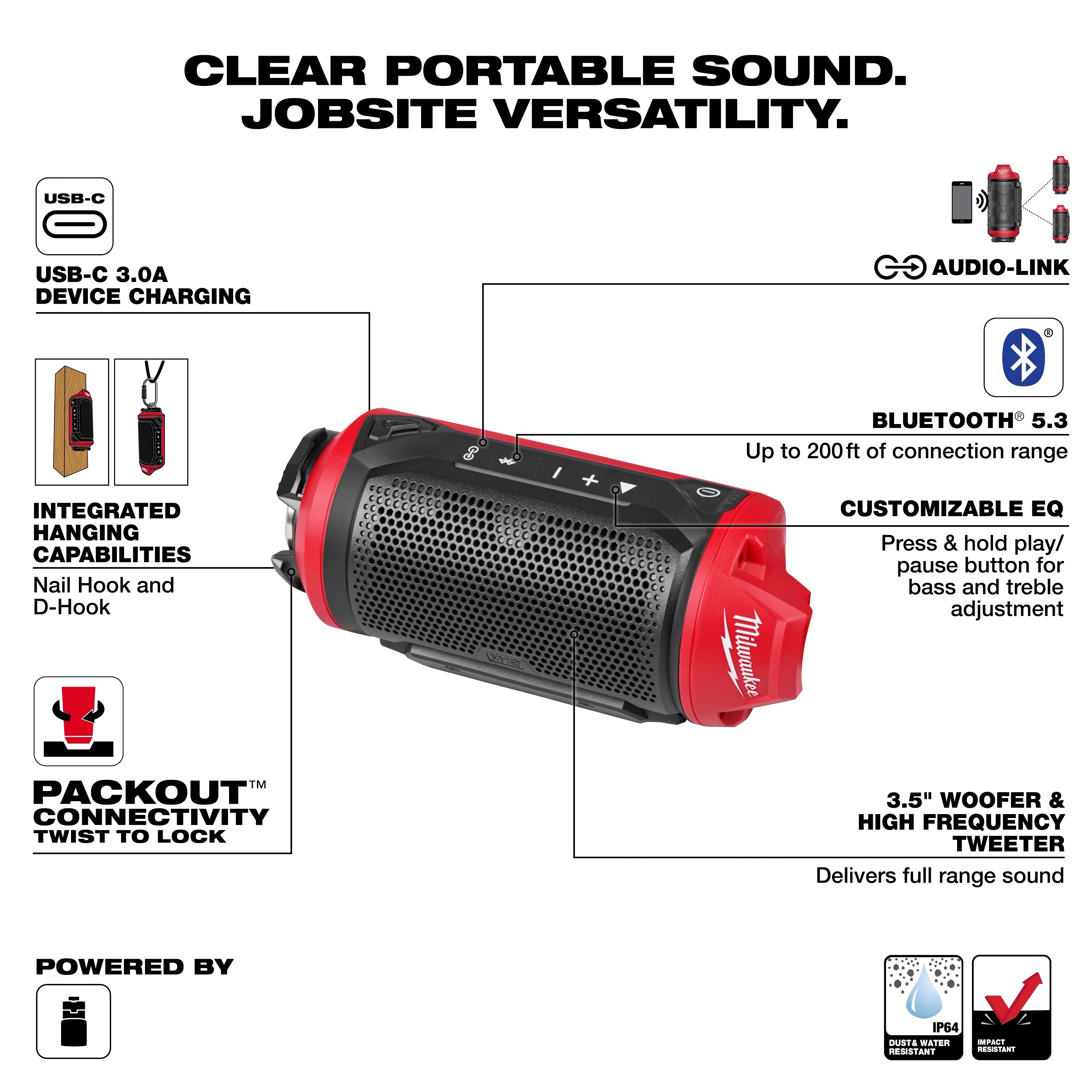 Milwaukee 2955-20 M12™ Bluetooth® Jobsite Speaker w/ PACKOUT™ Compatibility - Edmondson Supply