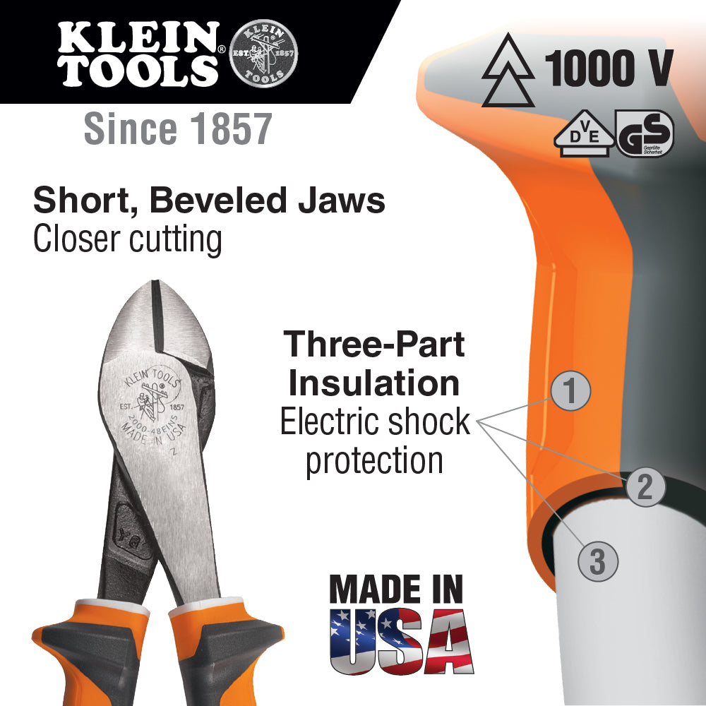 Klein Tools 200028EINS Diagonal Cutting Pliers, Insulated, Slim Handle, 8-Inch - Edmondson Supply