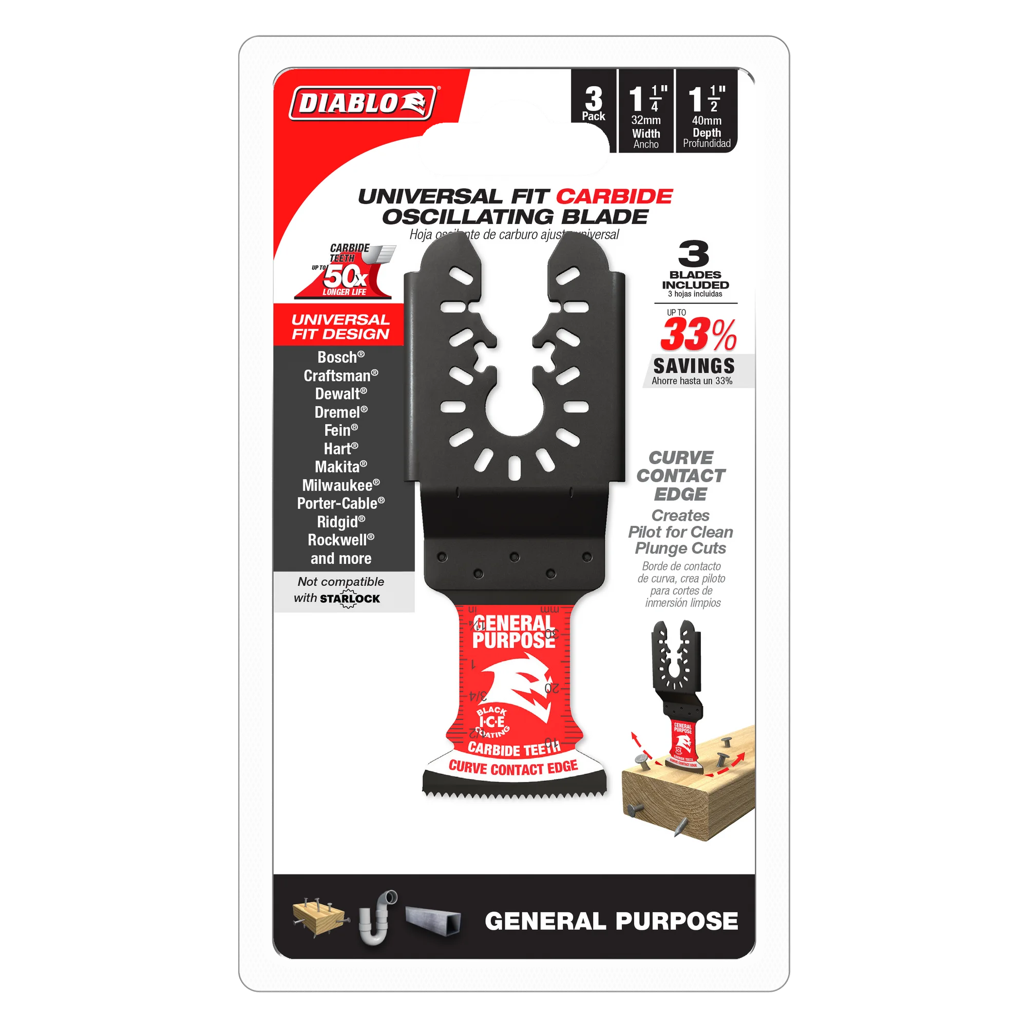 Diablo Tools DOU125CGP3 1-1/4 in. Universal Fit Carbide Oscillating Blades for General Purpose Cuts (3 Pack) - Edmondson Supply