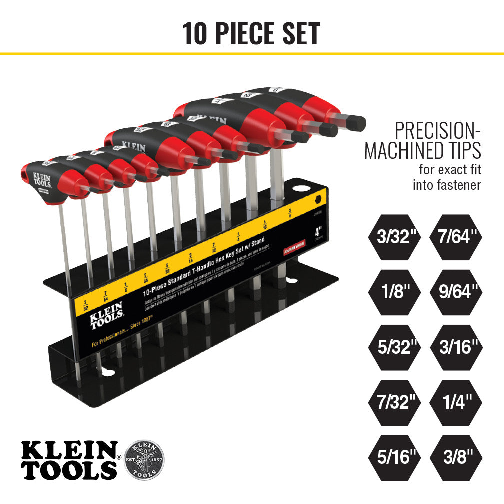 Klein Tools JTH410E Hex Key Set, SAE T-Handle, 4-Inch, with Stand, 10-Piece - Edmondson Supply