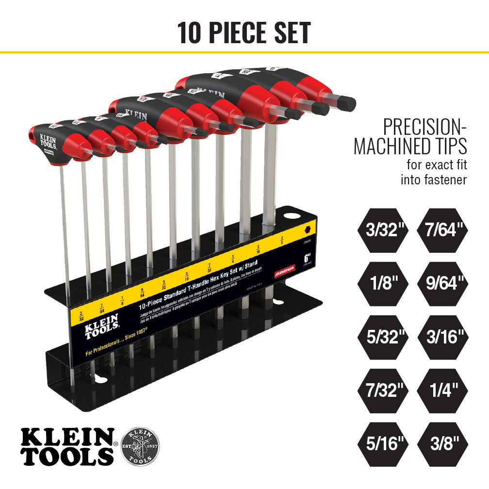 Klein Tools JTH610E Hex Key Set, SAE T-Handle, 6-Inch, with Stand, 10-Piece - Edmondson Supply